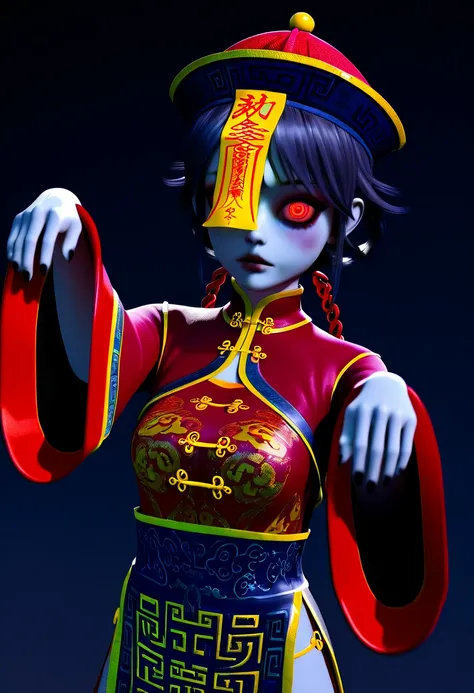 Realistic 3D ghostly chinese jiangshi, female jiangshi, ming clothing, yellow talisman plastered on forehead, opened eerie glowing red eyes, dark and gloomy background. 