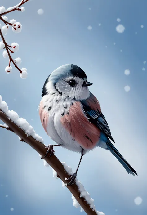 (A long-tailed tit) perches on a tree branch, peaceful snowy landscape under a pale blue winter sky, delicate snowflakes falling gently, 