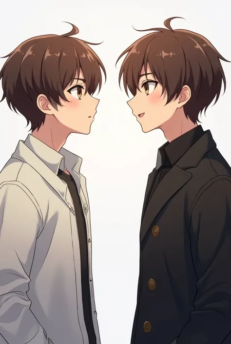  Realistic anime image , Two twin brothers , facing each other ,  the two have the same physiognomy ,  brown hair,  brown eyes ,  fair skin , same height,  only the clothes are different ,  one outfit is black and the other is white, 