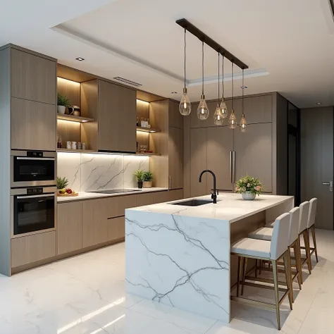  Design a Modern style kitchen  & Luxury,  with following elements :

 Main Color :  Neutral tone  (white, light gray , be)  combined with luxurious accents  ( bronze gold ,  glossy black ,  or turquoise ).

Main materials:

brick:  Use large ceramic wall ...