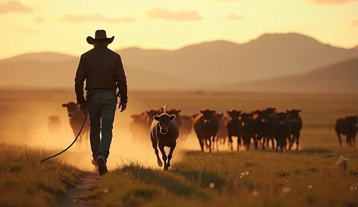 A cowboy and his dog herding cattle across a vast plain.