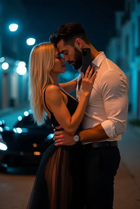  The pose shows a couple in an intimate embrace ,  where the man tilts his head towards the womans face ,  that also faces him .  Both are positioned in front of a mirror , And the man holds a black iPhone 16 Pro Max at the height of their faces and covers...