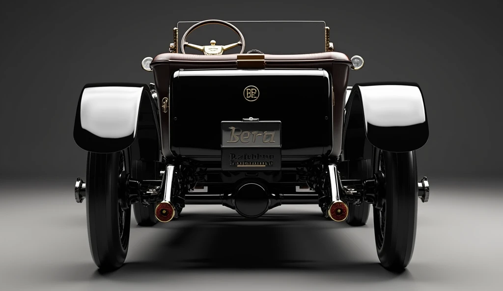 Create a 3D render of a car design featuring the 1886 Benz Patent- Motorwagen. The car should be viewed from the back in black. Include a [Brand Logo] prominently on the back. The headlights should be [white],. The license plate should display Benz patent....