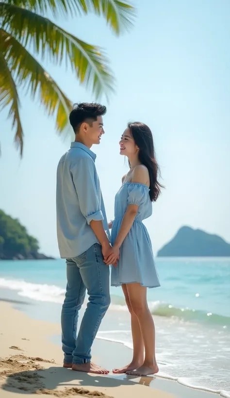 UHD,long shoot,A pair of korean lovers ,smiling sweetly in front of the camera , Handsome teen , neat short undercut hair , modern light blue shirt outfit ,denim jeans , barefoot,Next to her a beautiful Korean woman on the beach with sea water wetting her ...