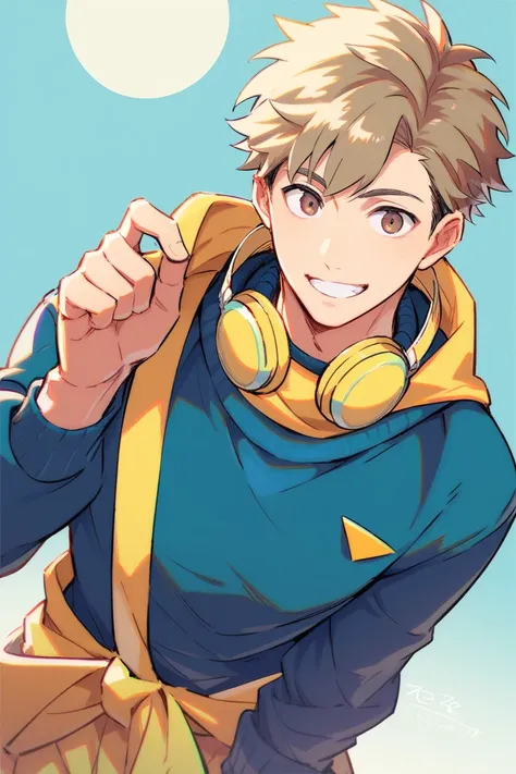 A handsome man in the hero costume , Without the mask,  short wavy light brown hair,  brown eyes, light skin,  smiling, pastel yellow headphones , athletic,  navy blue sweater tied around the waist , standing,  details of the moon in the hero costume 