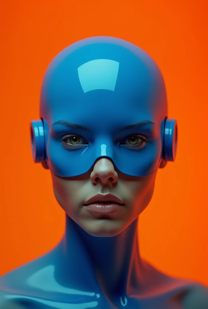 Close up face pose sheet asset Portrait photography, VR blue mask human figure, looking at Bella, on orange background. Futuristic, minimalist style with high contrast. Shallow depth of field.