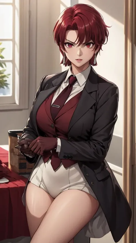 (masterpiece, best quality:1.2), bazett, fgo, 1girl, solo, short hair, red hair, bangs, red eyes,  large breasts, black gloves, formal suit, necktie, jacket, upper body, earrings, 