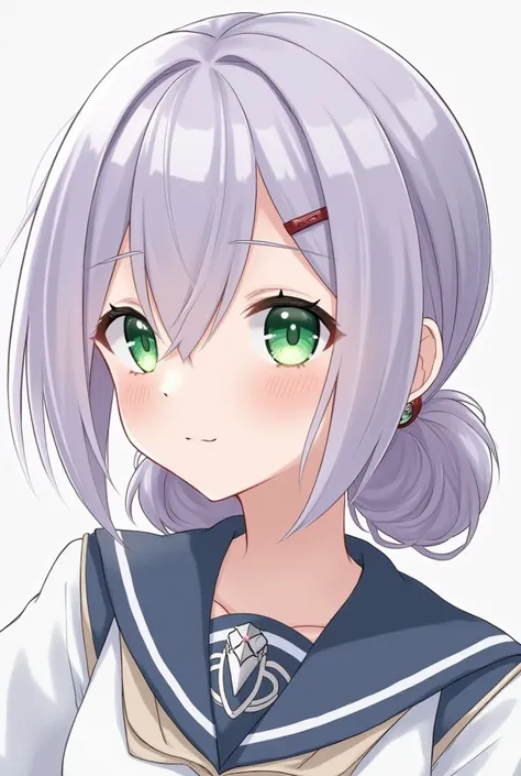 Lilac-silver hair and green eyes .  Her hair reaches her hips and is slightly curled at the bottom with the left side of her bangs behind her ear,  while she has a partially tied bun and a single thin strand in front of her left ear ,  that reaches his chi...