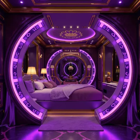  An advanced and highly technological elite comfort zone,  opulent and beautiful ,  in purple colors , gold and satin ,  High resolution, Modern, elegant, HD.