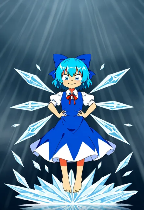 picture of Touhou cirno, cute face, hands on waist, floating, ice shard wings. Wide big anime style eyes