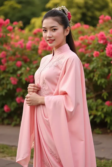 A Thai young woman wearing traditional Lanna Thai attire in light pink, full body shot, slightly angled from below, highlighting her attire and posture against the garden of Bougainvillea background