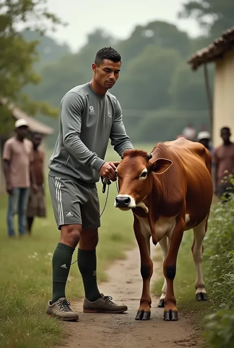 "A rural scene where Cristiano Ronaldo is milking a cow in a peaceful countryside setting. He is dressed in casual sportswear, and the cow is standing calmly. The background features a serene village atmosphere with a few curious villagers watching from a ...