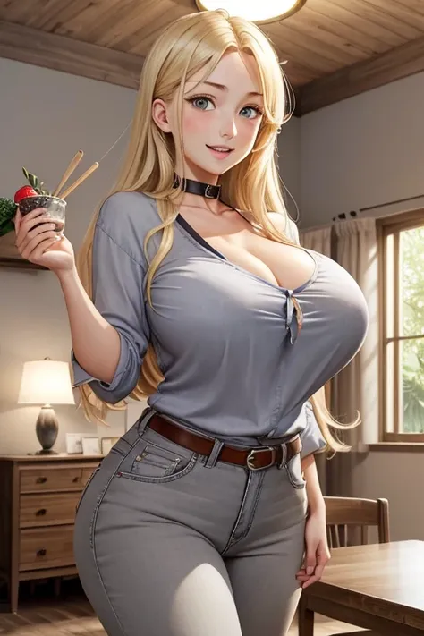 (Masterpiece), ooba minori (komusou), (European, blonde hair, blue eyes, sidelocks), (gigantic breasts:1.3), (thick thighs), (long ahoge, smile, collar bone, long hair), (cowboy shot, standing), (grey shirt, jeans), (living room, brown wall, light bulb, la...