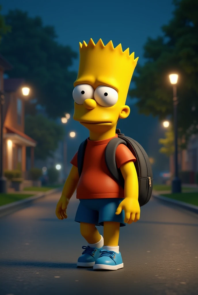 Bart Simpsons with a worried face walking down the street with a backpack.AND LET IT BE NIGHT.Realistic 3D