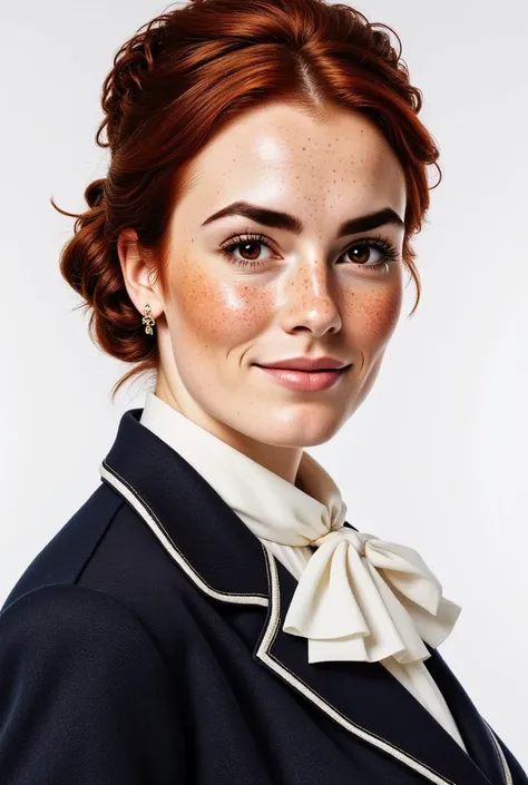 photorealistic shot featuring a beautiful british woman wearing a classic Coco Chanel outfit. Haute Couture. Shes got reddish-brown hair, hair gathered up. light skin and freckles, brown eyes, downturned eye shape, high cheekbones. Shes looking at the came...