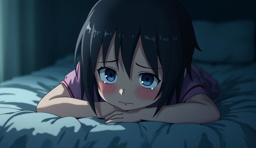  Naruto-style image shows a closeup shot of a girl who is crying on the bed, cinematic lighting, best compositions in film