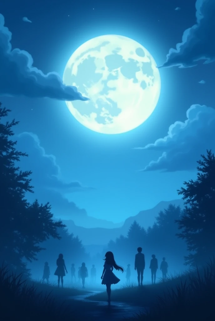 Anime full moon scenery and there are shadows of people