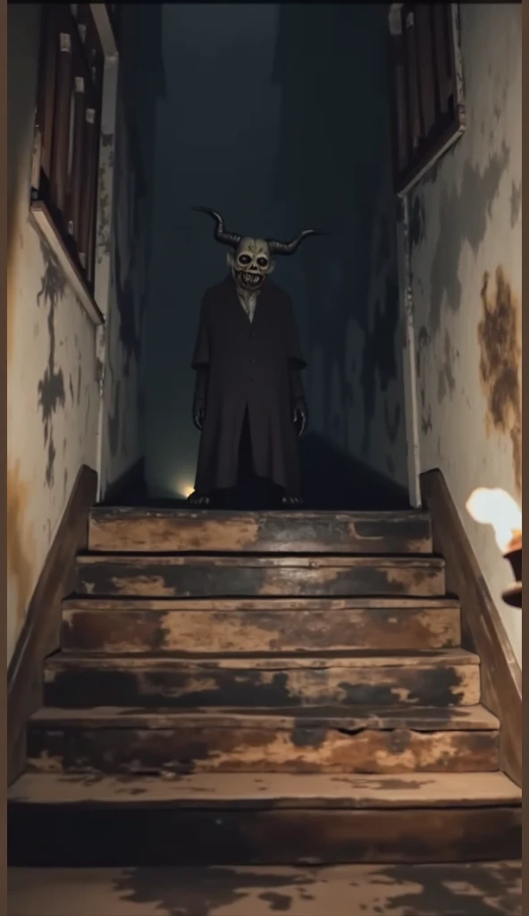 " A scene dark and creepy of an old and worn wooden staircase ,  with cracked and burned steps ,  partially illuminated by a yellowish light from a torch on the right side. In the background, amidst a gloom ,  a threatening figure emerges . The figure is h...