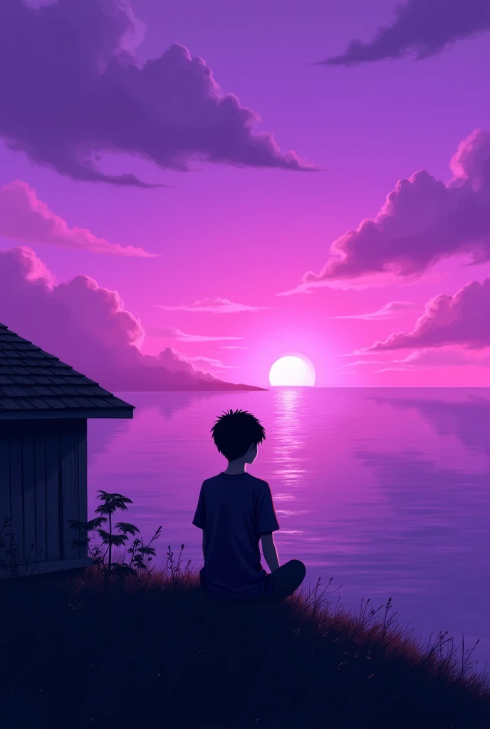 Young sad soul sitting with the back on the roof of a cabin facing a purple sunset over the ocean