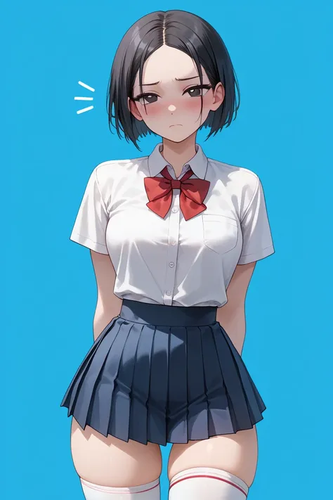 cute girl, (solo), (short girl), (1girl), taut white collared shirt, navy blue pleated skirt, red bowtie, narrow waist, thick thighs, tight thigh socks, thin arms, (thigh gap), big perky breasts, tight taut shirt, skinny body, black hair, short hair, middl...