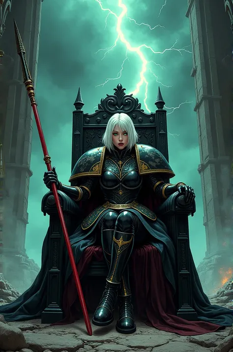  comic manga art ,  scenario of a giant castle in night ruins with a great electrical storm,  albino woman would be and looked with disdain beautiful primarca ,  emerald green eyes ,  short white hair with a black white headband ,  black lips,  heavy metal...