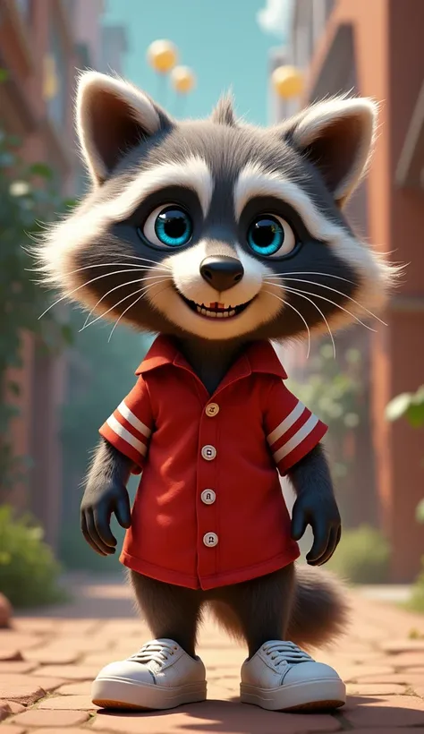 Pixar  ,Blue-eyed raccoon wearing a red shirt with white stripes and white sneakers