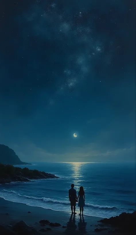 create a painting where a couple is looking at the ocean at night from a very far perspective