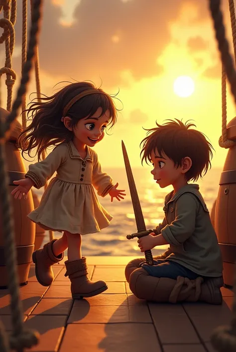 the Twins, ren of Jack Sparrow and Hector Barbossa, they are about three years old and play on the deck of the ship. a ,  with messy hair and simple dress , runs excitedly,  with a mischievous smile on her face , imitating the actions of their pirate paren...