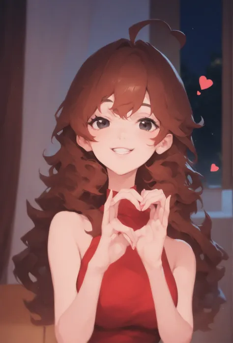 masterpiece, best quality, 1girl, gf, ahoge, brown hair, long hair, black eyes, red dress, sleeveless dress, short dress, bare shoulders, finger heart, heart, upper body, seductive smile, indoors, dark enviroment, night,