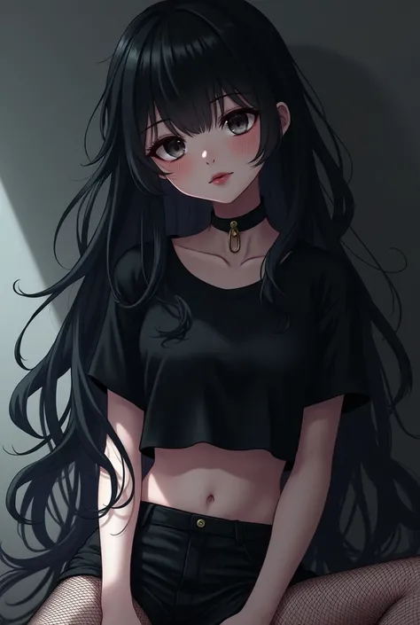 Anime girl black hair white skin with gothic makeup wearing black croptop t-shirt and mesh tights 