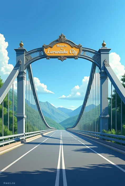  Make an arch over the highway , The bridge is medium size ,  and it says :  Welcome to Larantuka City