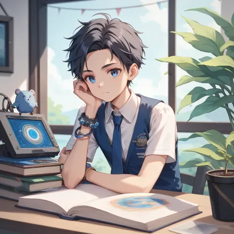 score_9,score_8_up,score_7_up,masterpiece,(1boy),19-years-old BREAK Nagi-kun ,black hair,very short,(Forehead:0.8),dark blue eyes,(baby face:0.9),( melancholy expression:0.8),Petite,Slender BREAK Midnight Blue Vest,Short sleeve dress shirt, blue tie ,The s...