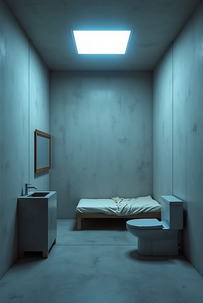 high quality, 8K Ultra HD, a room that is 5ft x 10ft. Inside is a concrete slab with a rubber mattress and a thin blanket. The desk only gas a concrete stool. There is also a metal sink/toilet. The ceiling light is sqaure and blue.