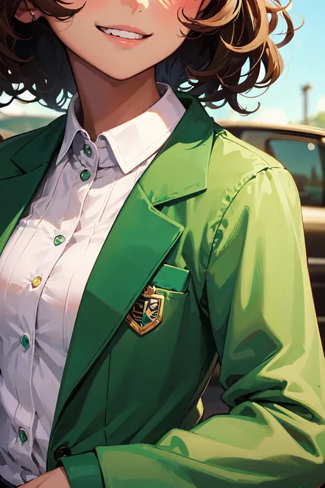  1 girl fights,  smiles, in a hat, white top, in a green jacket,  short hair, dark skin,  very curly hair , green suit, green blazer,  close-up  