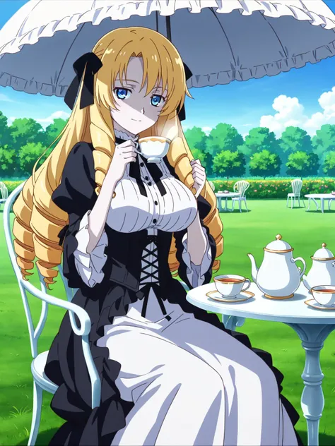 score_9, score_8_up, score_7_up,  source_anime, masterpiece, best quality, anime screencap,source_anime, anatomically correct,
(front view),1girl,solo,pale skin,short girl, blonde hair, long hair,(drill hair),blue eyes,upper class,gothic dress,big breasts,...