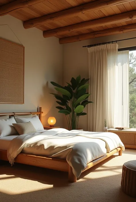 A room that includes 2 beds with a wood and bamboo theme 