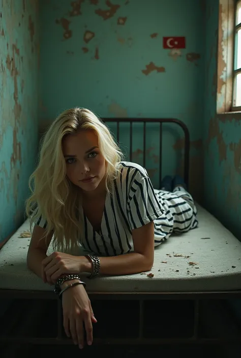 a stunning blonde female prison inmate lying seductively on a jail bunk bed in her cell at a decrepit Turkish prison.she is wearing sriped prison scrubs and handcuffs.