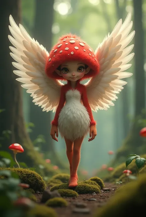 an ultra-realistic image of a hybrid creature that merges the characteristics of a mushroom and a Princess, forming a magical creature , tall and smiling.  Many feminine shades .  The creature has an attractive female body and the red fur of a mushroom,  M...