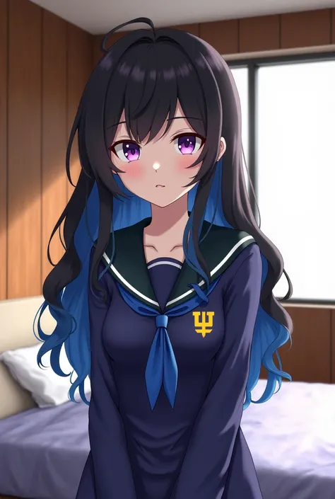 a girl with long, wavy black hair with blue tips, she has purple eyes. She is dressed in the UA uniform and is in a modern room, with wooden walls and a window near her bed. The lighting is soft, creating a calm and serene atmosphere.