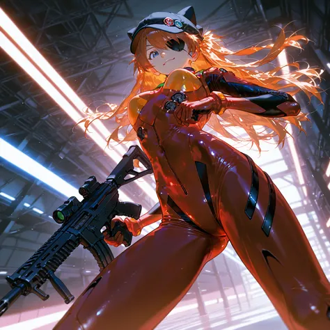 masterpiece,  top quality ,      High Quality   ,     Very Aesthetic   ,     absurd,  Latest, scenery,    Neon Genesis Evangelion、    Shikinami Asuka Langley、       orange hair、    blue eyes、    red plug suit    ,     eye patch、(Cat hat、black) Assault rifl...