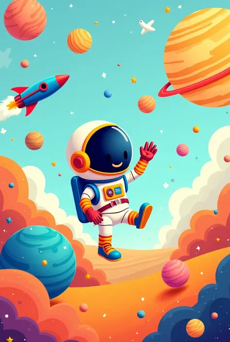 Mural Cartoon astronaut, planets, rocket and solar sistem in 2 dimensions with light background 