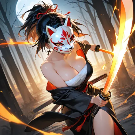 From diagonally above, looking up, (fox mask covered face), japanese swordswoman, thunder enchanted katana, sarashi, Crystal patterned black kimono, juunihitoe, cute girl, solo, short hair, ponytail hair, Black hair with brown ends, orange eyes, large brea...