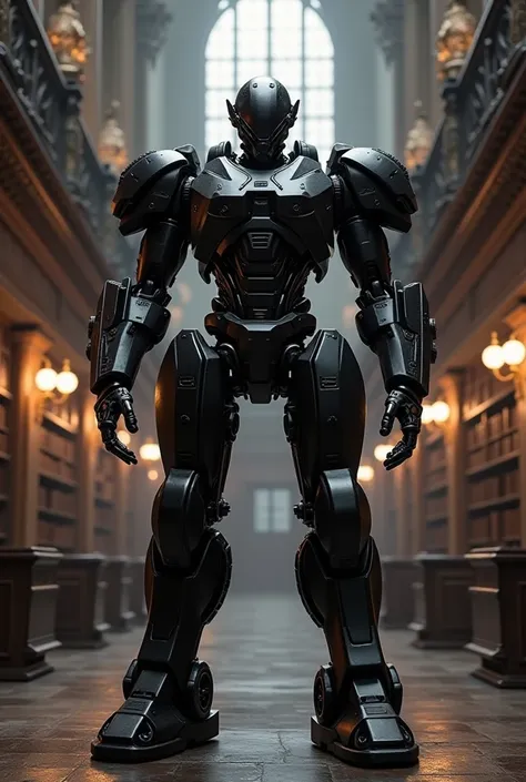 A black and white humanoid combat robot in a library 