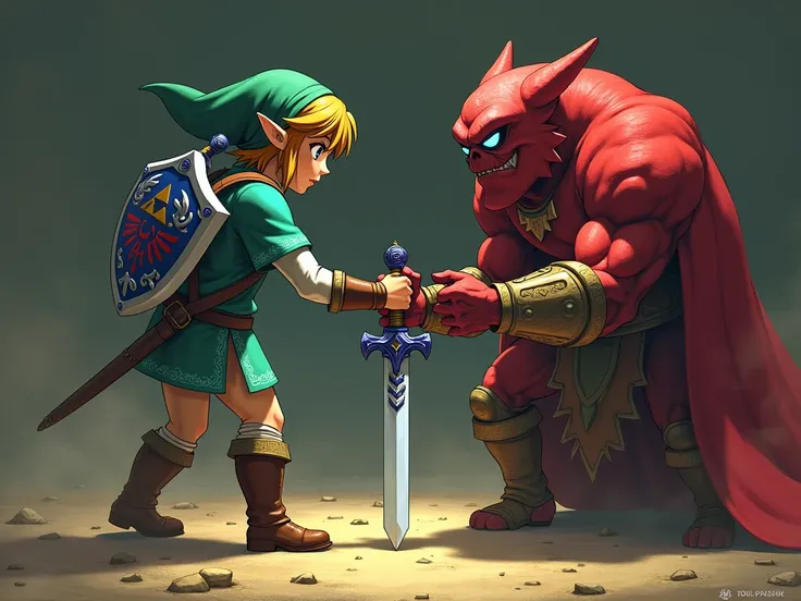 Links foot, master sword down, ready to battle, opponent Ganondorf, Gerudo King, Ganon, face to face, perspective, epic, unique, TLOZAnatomically Correct, High Resolution, Award Winning, Best Quality, High Details, Super Detailed, Retina, Textured Skin, Hi...