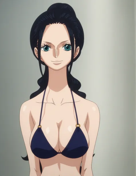 score_9, score_8_up, score_7_up, source_anime, anime screencap, one_piece_wano_style, Nico Robin, black hair, long hair, blue eyes, large breasts, perfect body, bikini, looking at viewer, smile, cleavage, from front, upper body, looking at viewer, 