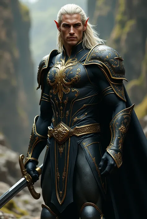 A full-bodied male elf from the Lord of the Rings universe in a battle pose with a curved sword like that of the elves, with a black and gold armor