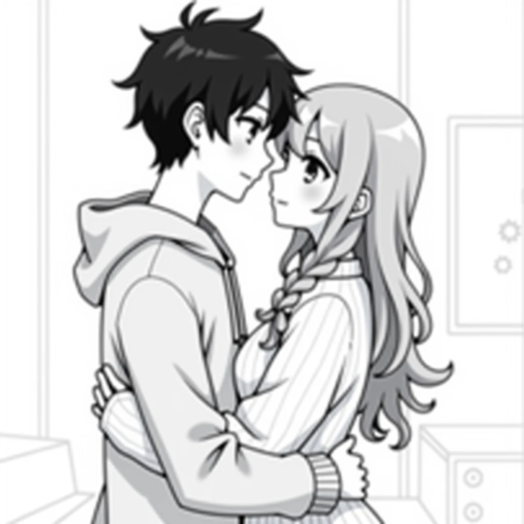 A black and white anime-style illustration of a romantic couple in an intimate embrace. The boy has short, slightly messy dark hair, wearing a casual hoodie leaning gently against the girl with a calm and protective expression from behind . The girl has lo...