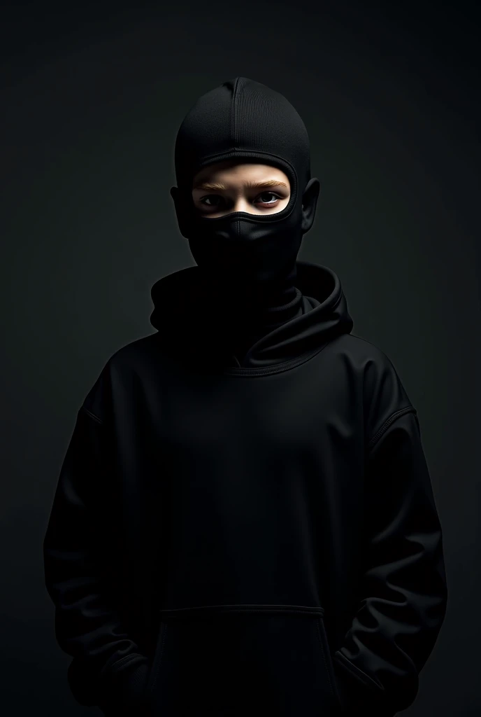  Masked boy with faceless black balaclava posing in a black hoodie for a Halloween model with a background