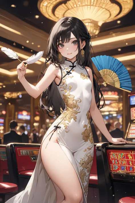 masterpiece, absurdres, best quality, extremely detailed eyes and face, natural skin texture, detailed skin, at the casino, golden casino, fancy decoration
BREAK 
beautiful woman, 30yo, black eyes, black long hair, proud face, (small breasts:1.2), (flat ch...