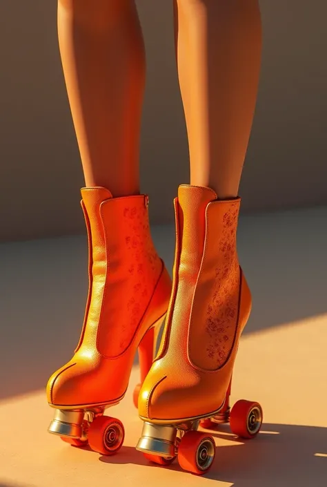 Woman’s feet in orange high heel roller skates 